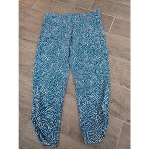 Women's Coolibar Matiz Ruched Capris Size  Large Blue and White Outdoor Sun Prot